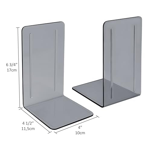 Acrimet Bookends 1 Pair, Clear Plastic Bookends for Shelves or Desktop, Book Holder for Home, Office, Library, School (Clear Gray)