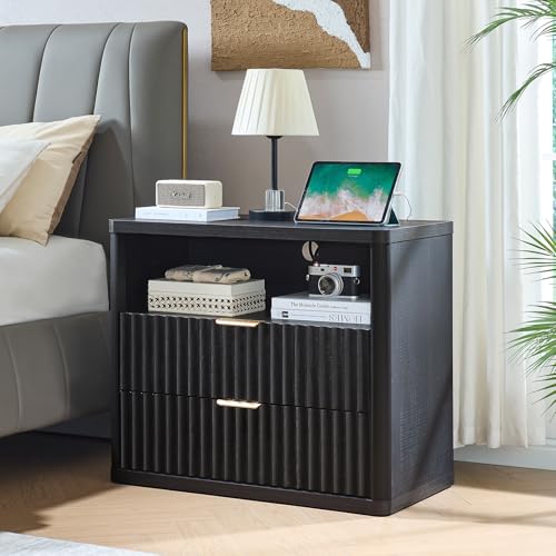 LEYAOYAO 31" Wide Fluted Nightstand with Charging Station, Oversized Extra Large 2 Drawers Night Stand,Black Wood Bedside Table,Tall Bed Side End Tables,Modern Chest of Drawers Dressers for Bedroom - color: Black, size: 2 Drawers