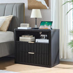 LEYAOYAO 31" Wide Fluted Nightstand with Charging Station, Oversized Extra Large 2 Drawers Night Stand,Black Wood Bedside Table,Tall Bed Side End Tables,Modern Chest of Drawers Dressers for Bedroom - color: Black, size: 2 Drawers