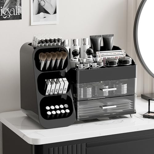 Booklov Makeup Organizer for Vanity, Large Capacity Cosmetic Display Case with Drawers, Countertop Beauty Storage Holder for Skincare, Brush Eyeliner Perfume Eyeshadow Lipsticks, Counter Desk, Black - color: Black, size: L01