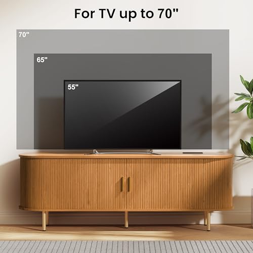 DHH 63 Inch Mid Century Modern TV Stand with Power Outlet for TVs up to 70 Inch, Entertainment Center with Storage and Adjustable Shelves, Media Console with Sliding Doors for Living Room(Yellow) - color: Yellow Walnut, size: 63 Inch