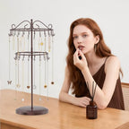 iDavosic.ly 2 Tier Rotating Necklace Holder Organizer with 42 Hooks, Adjustable Metal Bracelet Display Stand Rack, Extra Tall Keychain Spinning Tree Tower for Women, Espresso Brown - color: Satin Espresso