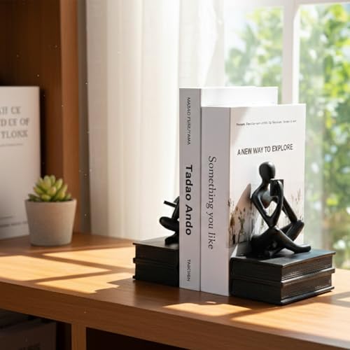 Abstract Resin Reader Bookends Set of 2,Modern Decorative Book Ends for Shelves,Unique Book Shelf Accents & Coffee Table Decor,Reading Bookend Statue for Home Office Library (Black, Thinker Bookends) - color: Black