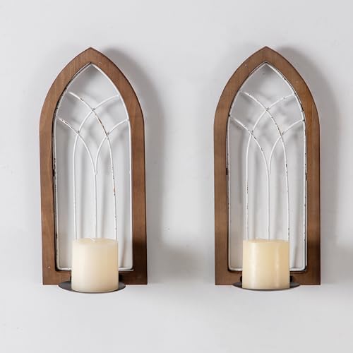 SOFE Farmhouse Wall Candle Holder, Rustic Candle Sconces Set of Two Arch Cathedral Window Decor, Wall Mounted Pillar Candle Holders for Living Room, Bedroom, Hallway, Brown