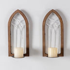 SOFE Farmhouse Wall Candle Holder, Rustic Candle Sconces Set of Two Arch Cathedral Window Decor, Wall Mounted Pillar Candle Holders for Living Room, Bedroom, Hallway, Brown