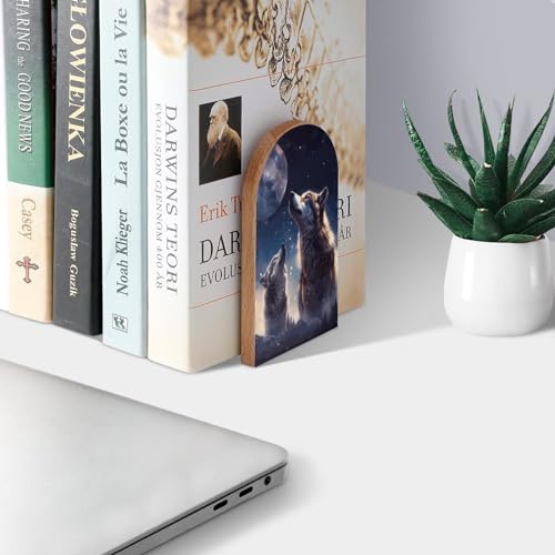 Wolf Howl Puppy Wolves Moon Book Ends Decorative Wood Bookends for Shelves Kids Room Desk Home Office Book Stoppers for Magazines,Books, DVDs, 1 Pair/2 Pieces(5x3.1 in)