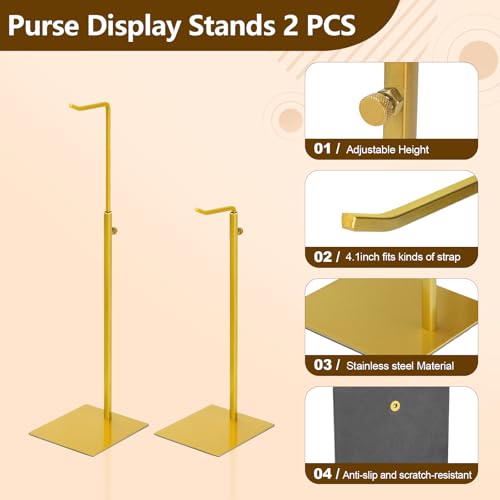 2PCS Handbag Display Stand, Purse Holder Gold Metal Tall Hanging-hook Display Stands for Bag or Necklace Table Display Organizer with Stable Square Base