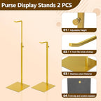 2PCS Handbag Display Stand, Purse Holder Gold Metal Tall Hanging-hook Display Stands for Bag or Necklace Table Display Organizer with Stable Square Base