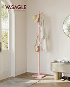 VASAGLE Solid Wood Coat Rack, Free Standing Hall Coat Tree with 8 Hooks, 3 Height Options, for Coats, Hats, Bags, Purses, for Entryway, Hallway, Rubberwood Hooks and Pole, Jelly Pink URCR010R01 - color: Jelly Pink, style: Square Base + Cylindrical Hooks