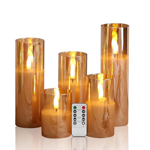 Eywamage 5 Pack Gold Glass Flameless Candles with Remote, Flickering Slim Tall LED Pillar Votive Candles Battery Included - color: Gold