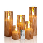 Eywamage 5 Pack Gold Glass Flameless Candles with Remote, Flickering Slim Tall LED Pillar Votive Candles Battery Included - color: Gold
