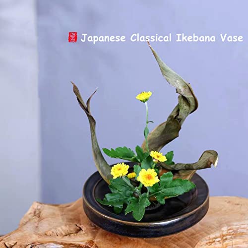 Japanese Classical Ikebana Vase Kit, Minimalist Ceramics Flower Pot Flower Shallow Container with 2.4inch Flower Frog and 2-in-1 Flower Arrangement Kenzan Needle Straightening Tool - color: Glaze Color