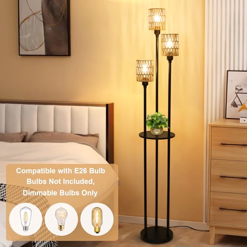 Dimmable Boho Floor Lamps for Living Room, 3-Lights Farmhouse Floor Lamp with 3-Way Foot Switch, Rattan Floor Lamp with Shelves, Rustic Standing Lamp with Rattan Shades, Tall Lamps for Bedroom - style: Dimmable Black-Rattan Shade