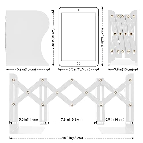 OMEYA 2PCS Adjustable Metal Bookends, Heavy Duty, 2 Dividers, Nonslip, Extends up to 19 inches (White) - color: White, size: 2PCS