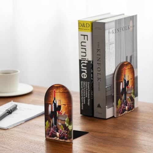 Decorative Bookends 2 Pcs Red Wine Glass Grapes Wooden Wood Bookends for Shelves Heavy Books Kids Non-Skid Book Ends Stoppers for Office Desk Kitchen School - color: Red Wine Glass Grapes Wooden