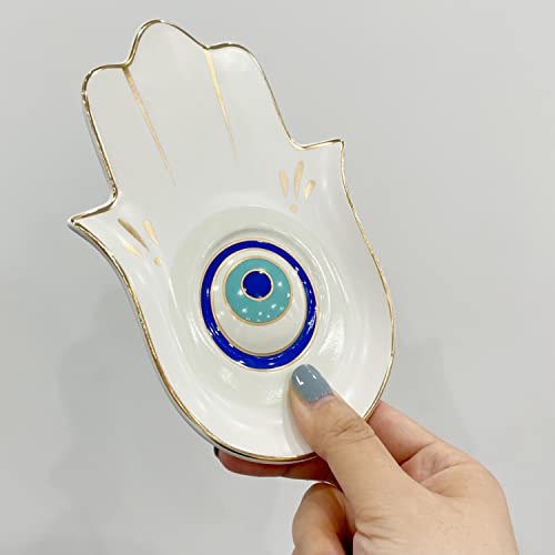 Ceramic Hamsa Hand Incense Holder - 2 in 1 Brass Incense Holder for Sticks and Coil Incense- Zen Decor with Hand of Fatima Design Protection from Evil - 6.2" L X 4.5" W (WhiteEye) - color: Whiteeye