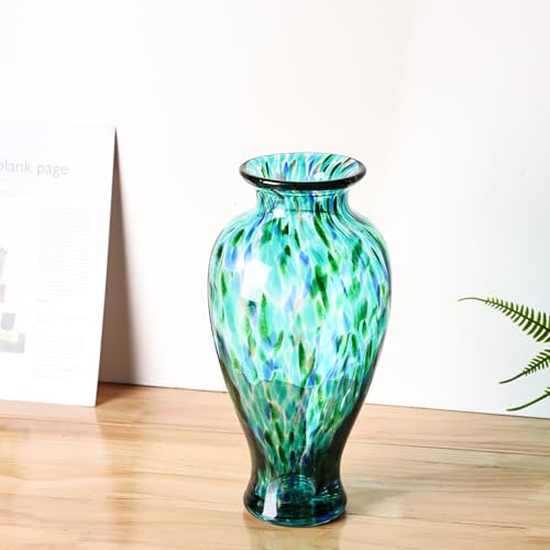 11.8" Tall Turquoise Glass Vase Beautiful Hand Blown Glass Vase Modern Art Home Decor, Wide Mouth Colorful Vases for Mantle Dining Table Centerpiece, Entryway Living Room Wedding Decoration - color: Jade Green
