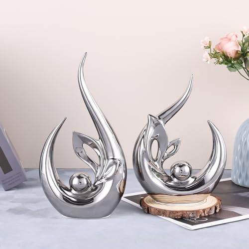 9.4" H Silver Abstract Sculptures Home Decor, Ceramic Art Statue Cool Stuff to Put on Shelves&tv Stand Decor, Silver Accent Entertainment Center, for Fireplace Coffee Table Dining Table Decorate - color: Bright Silver, size: 9.4in/H