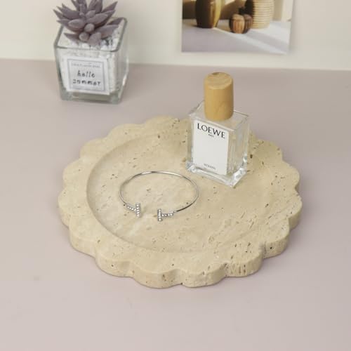 Round Marble Decorative Tray with Scalloped Edge, Luxury Natural Stone Bathroom Vanity Tray, Dresser Top Perfume Coffee Home Kitchen Sink Tray, Key Trinket Ring - color: Beige Travertine
