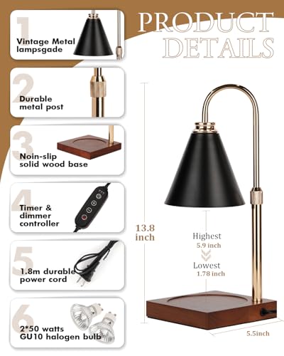 Candle Warmer Lamp with Timer Dimmable,Mothers Day Birthday Gifts for Women Mom, Adjustable Height Candle Warmer, Black Candle Lamp Warmer for Jar Candles with 2 Bulbs Home Decor - color: Black-gold Pole