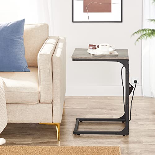 TUTOTAK C Shaped End Table with Charging Station, Side Table for Sofa, Couch Table with Storage Bag, TV Tray Table with 2 USB Ports and Outlets for Living Room, Bedroom TB01BG024 - color: Greige, size: 1 Pack (11.8"W), style: With Plug