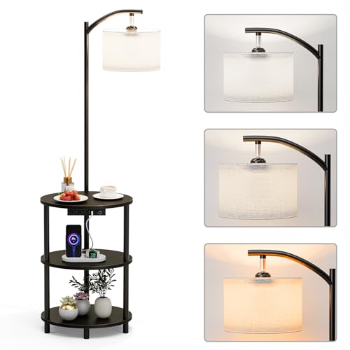 Round Side Table with Lamp and USB Ports, 3-Tier Small End Table for Living Room & Bedroom, Rustic Wood Metal Nightstand for Small Spaces, Easy to Assemble, Charcoal Wenge - color: Charcoal Wenge, size: 1-Pack, style: Built-in Charging + Lighting