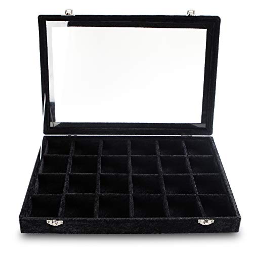 Frebeauty 24 Grid Earring Holder Organizer Tray, Jewelry Organizers and Storage for Drawer,Velvet Jewelry Display Storage for Earrings,Rings,Studs,10.5 x 6.5 x 1.2 Inches Gift for Women (Black) - color: Black, size: 24 Slots