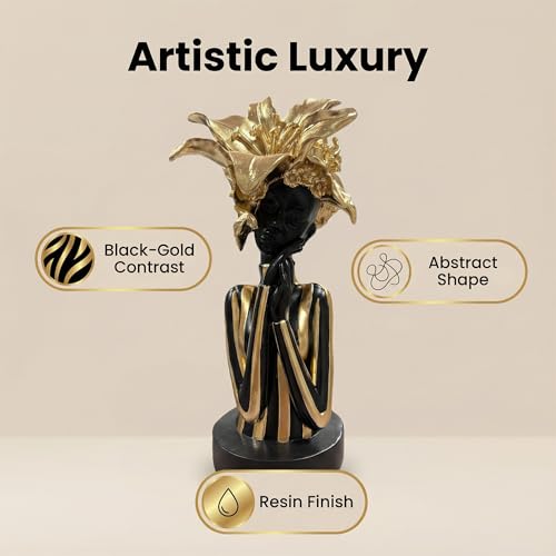 Lescafita African Woman Art Sculpture with Gold Floral Crown, Exquisite African Statue, Emotional Modern Home Art Gift for Various Settings Such as Home, Bookshelves, desks, or Offices(7.68 inch - color: 711-gold S