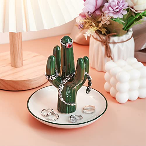 PUDDING CABIN Cactus Ring Holder Green Jewelry Dish for Rings Earrings Bracelets Necklace Organizer, Cactus Gift for Women Birthday Wedding Graduation Christmas Valentines, Room Decor Aesthetic - style: Tall Cactus