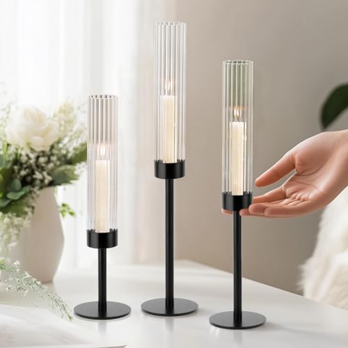 Black Hurricane Candle Holders, Set of 6 Glass Taper Candlestick Holders Metal Candle Stands Bulk with Ribbed Glass Cover for Dining Tables Wedding Candelabra Centerpieces Decor - color: Black