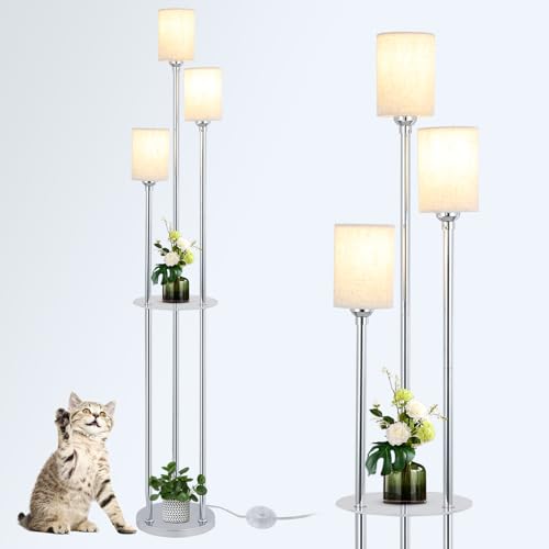 Floor Lamps for Living Room, 3-Lights Modern Floor Lamp with Shelves, Chrome Standing Lamp with Fabric Shade and Foot Switch, Shelf Standing Lamps with Table, Tall Lamps for Bedroom Office - style: Chrome-Fabric Shade