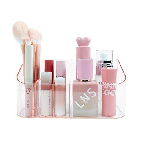SUNFICON Makeup Holder Tray Organizer Cosmetic Display Case Tabletop Desktop Vanity Countertop Bathroom Wall Cabinet Medicine Storage Box 9 Dividers 2 Removable for Womens Ladies Girls Crystal Pink - color: Pink