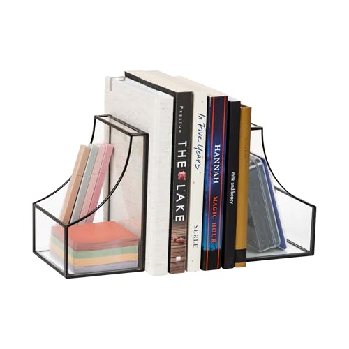Mind Reader Terrarium Bookends, Decorative Book Holders with Storage, Modern Organizer for Desk or Shelf, Glass, Metal, Set of 2, Black - color: Black