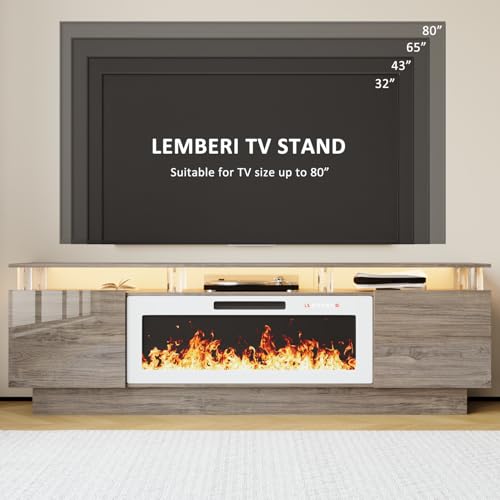 LEMBERI 70" Fireplace TV Stand for TVs up to 80 Inches with White 36'' Electric Fireplace & Remote, Modern Entertainment Center with LED Light,Woodeen TV Console for Living Room, 8 Acrylic Posts, Gray - color: Gray With White Fireplace (Acrylic Posts), si