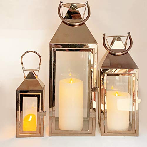 Allgala 3-PC Lantern Set 24 Inch Jumbo Deluxe Modern Indoor/Outdoor Candle Lantern Set Rose Gold Stainless Steel Frame Tempered Glass Pyramid Top for Garden Poolside Fireplace Wedding - color: Pyramid Top Rose Gold