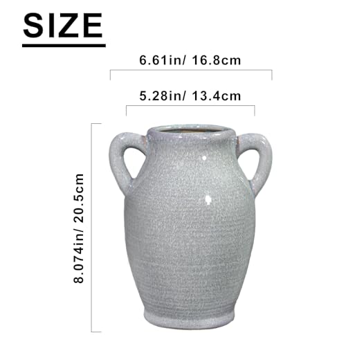 Sunddo Blue Ceramic Vase with 2 Handles, Modern Pottery Flower Vase, Texture Decorative Vases for Pampas Grass, Farmhouse Decor, Centerpiece for Dining Table Console Shelf Bookshelf Mantle - color: Light Blue - 8, size: 8 Inch