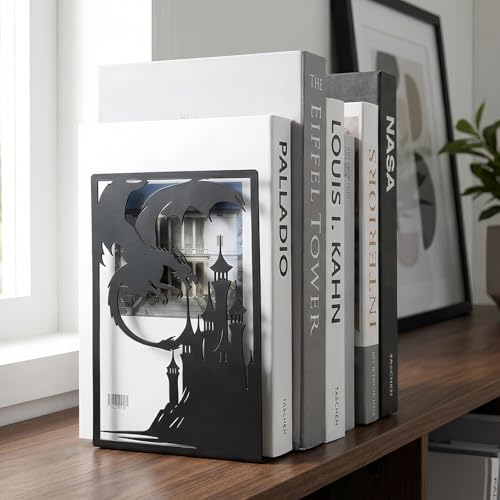 Gothic Dragon Bookends, Black Metal Castle Design, 7.1 x 4.7 Inch, Decorative Book Holders with Non-Slip Base, 2 Piece Set