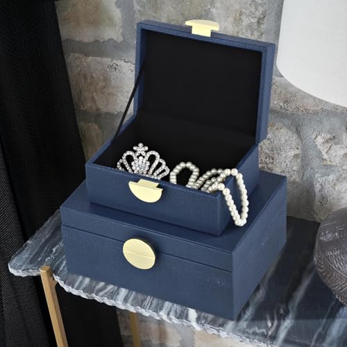 HofferRuffer Faux Leather Jewelry Boxes, Decorative Boxes Storage Accessory Organizer with Gold Hardware Decor, Classic Vegan Leather Set of 2 Pieces (Navy Blue) - color: Navy Blue