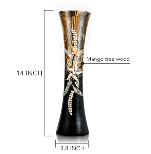 AeraVida Hand Carved Tropical Flower 14-inch Curved Cylindrical Wooden Vase Brown