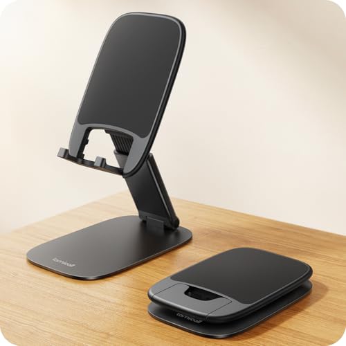 Lamicall Foldable Cell Phone Stand for Desk - [Ultra Thin] Portable Travel Holder, Height Adjustable, Weighted Metal Base, Thick Case Friendly for iPhone 17 16 15 Pro Max, Galaxy S26, Gift Mothers Day - color: A-Black