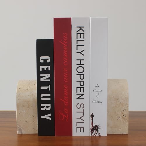 Set of 2 Natural Travertine Bookends for Shelves, Decorative Book Ends for Heavy Books, Solid Heavy Duty Book Stopper Office Bookshelf Decor for CDs/Video Games