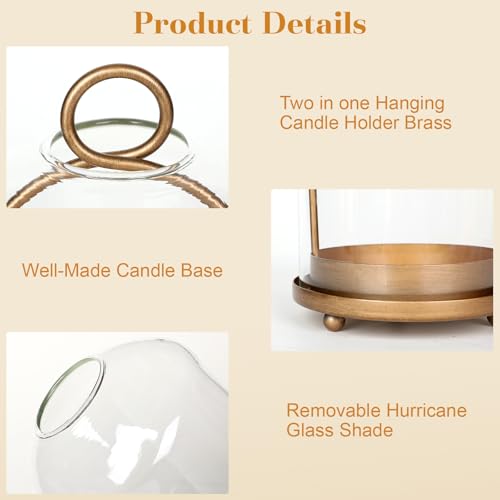 15"&9"&7" Hurricane Glass Candle Holders Set of 3, Metal Candle Holder with Handmade Glass Dome in Brass, Hanging Versatile Hurricane Glass Candle Holders for Pillar Candles (Candles Not Including)