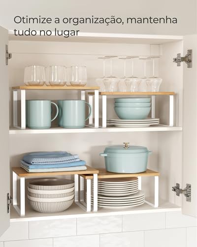 SONGMICS Cabinet Organizer Shelf, Set of 2 Kitchen Counter Shelves, Kitchen Storage, Spice Rack, Stackable, Expandable, Metal and Engineered Wood, Cloud White and Natural Beige UKCS02NW - color: Cloud White + Natural Beige, size: 11.7"W