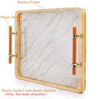 DEAYOU Bamboo Serving Tray with Handles, Marble Pattern Plastic Decorative Ottoman Tray, Large Serving Platter for Coffee Table, Breakfast, Dinner, Perfume, Kitchen Counter, Rectangle, 15.5"x11.5"