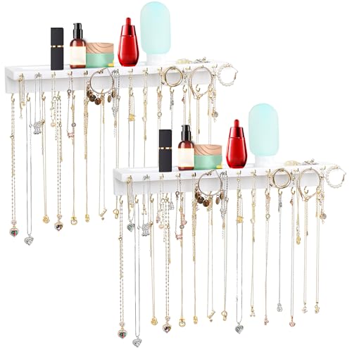 YYILIS Necklace Holder, Upgraded Extra Large Wall Necklace Organizer with 30 Hooks Wall Mounted Necklace Hanger with Jewelry Tray/Cosmetics Shelf Rustic Pine Wood Holder (2 Pack-Double White) - color: 2 Pack-Double White
