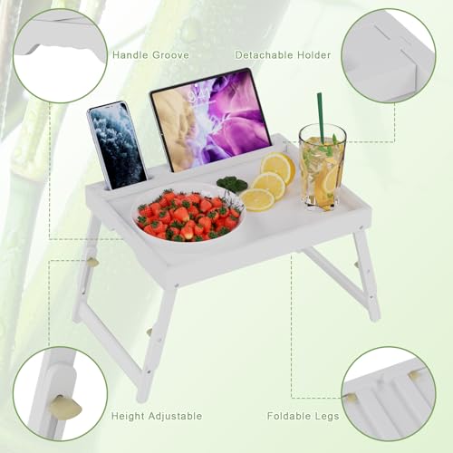 Artmeer Bed Tray Table with Folding Legs, Bamboo Breakfast Food Tray with Media Slot, Use As Platter, Laptop Desk, Snack, TV Tray Kitchen Serving Tray (White Large Adjustable Legs) - color: White, size: Large Adjustable