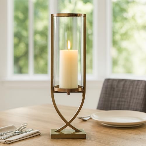 Contemporary Metal and Glass Hurricane Candle Holder - Decorative Pillar Candlestick Holder for Table Centerpiece - Elegant Home Decor Accents for Any Special Occasion Decoration - 27" Gold - color: Gold, size: 27"