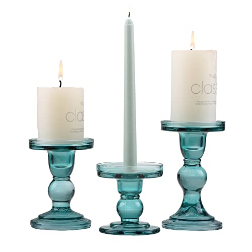 GMWD 3 Pcs Glass Candle Holder Set Clear, Green Candlesticks Holders Pillar Taper Candles Tealight Stand for Wedding Centerpieces Home Decorations Dining Table - color: Green