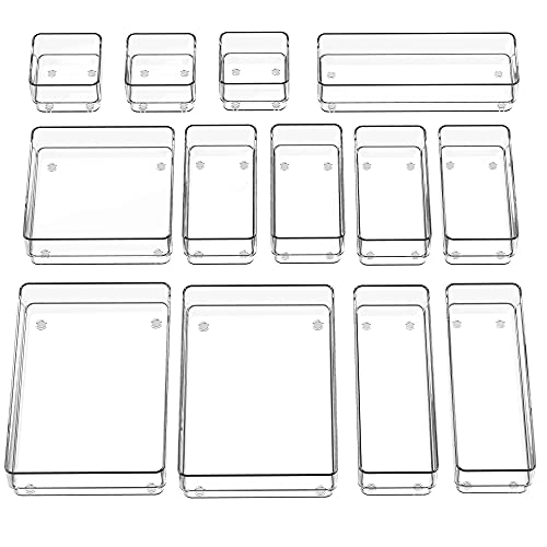 SMARTAKE 13-Piece Drawer Organizer with Non-Slip Silicone Pads, 5-Size Desk Drawer Organizer Trays Storage Tray for Makeup, Jewelries, Utensils in Bedroom Dresser, Office and Kitchen (Clear) - style: 13 PCS