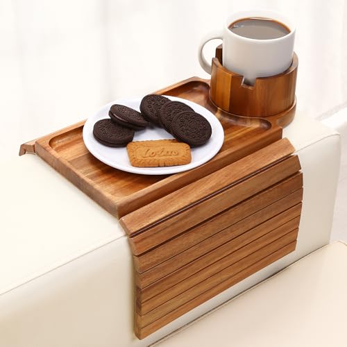 SINWANT Couch Cup Holder Tray,Acacia Wood Sofa Arm Clip on Tray Table with 360° Rotation Cup Holder,Foldable Anti-Slip Couch Armrest Table for Coffee Mug,Water Bottles,Snacks,Remote on Large Armrest - color: Acacia Wood